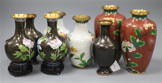Four pairs of 20th century Japanese cloisonne enamel vases, H 19cm (tallest)